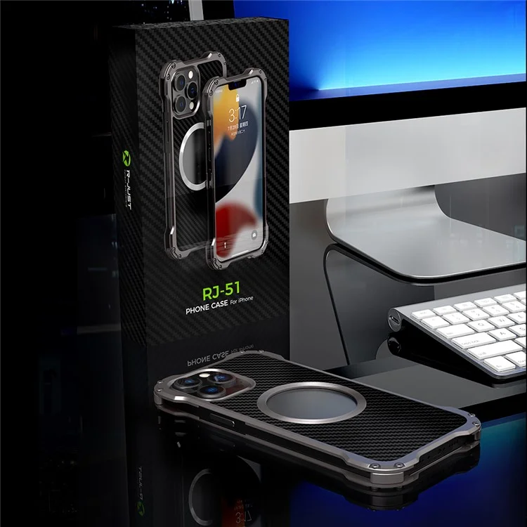 R-JUST RJ-51 For iPhone 14 Pro Back Hollow Design Protective Cover Carbon Fiber PC + Aluminum Alloy Anti-drop Case Compatible with Magsafe Charger