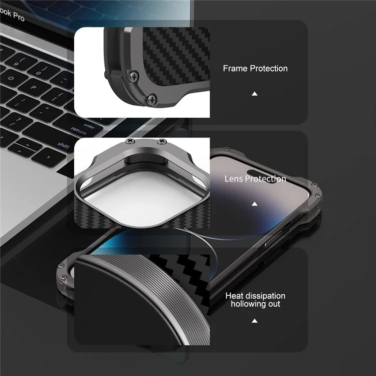 R-JUST RJ-51 For iPhone 14 Plus Carbon Fiber Texture PC + Aluminum Alloy Phone Case Back Hollow Heat Dissipation Drop-proof Cover Compatible with Magsafe Charger