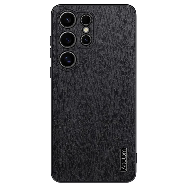 Per Samsung Galaxy S25 Ultra Case Wood Texture PU Leather Coated PC+TPU Phone Cover - Nero
