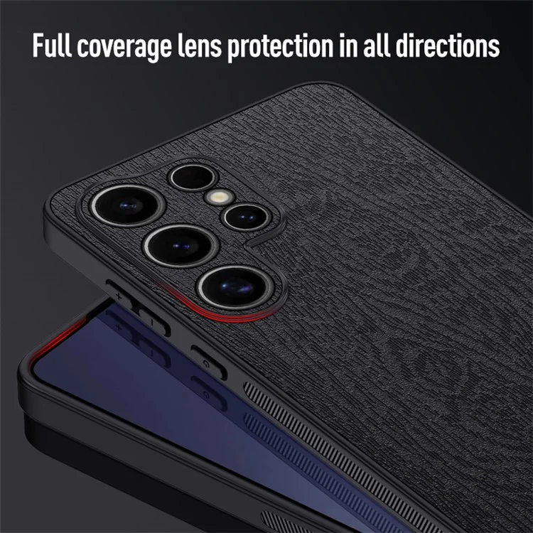 Per Samsung Galaxy S25 Ultra Case Wood Texture PU Leather Coated PC+TPU Phone Cover - Nero