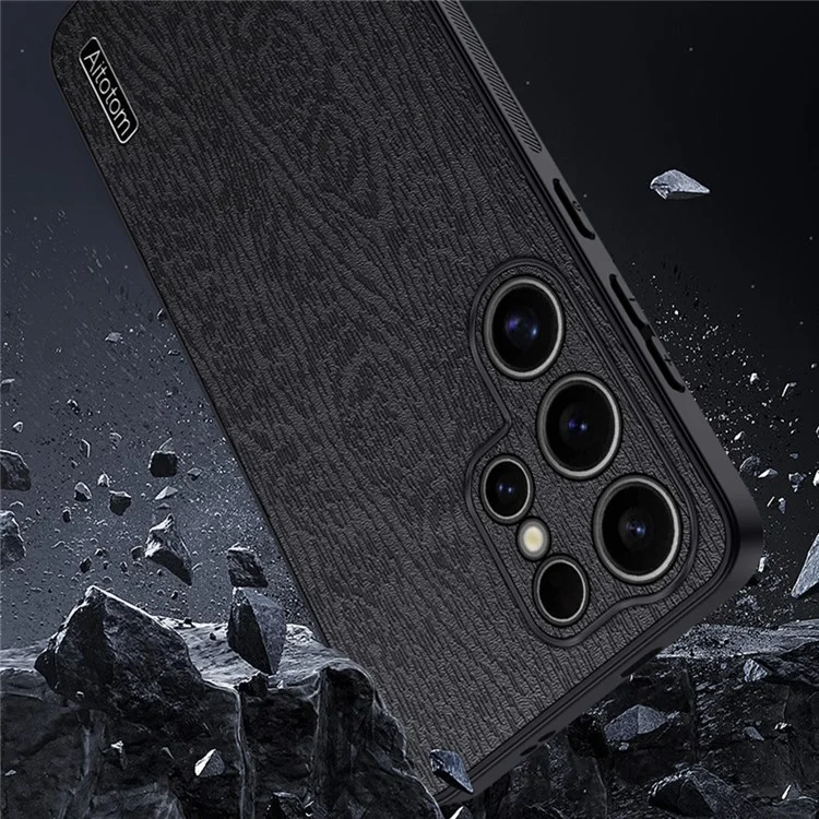 Per Samsung Galaxy S25 Ultra Case Wood Texture PU Leather Coated PC+TPU Phone Cover - Nero