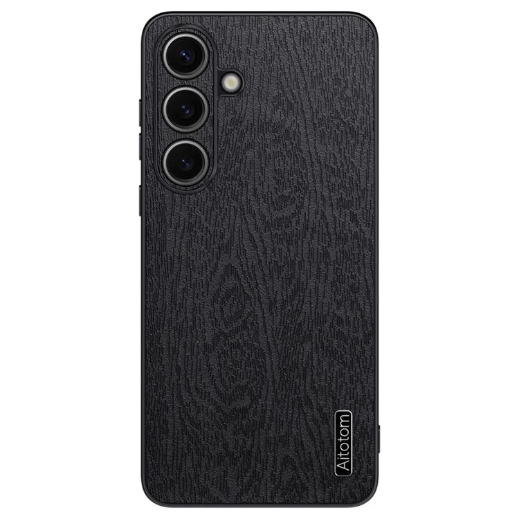 Для чехла Samsung Galaxy S25 Wood Texture PU Leather Coated PC + TPU Phone Cover - Black