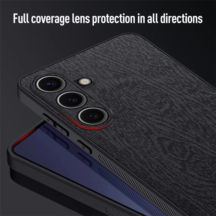 Для чехла Samsung Galaxy S25 Wood Texture PU Leather Coated PC + TPU Phone Cover - Black