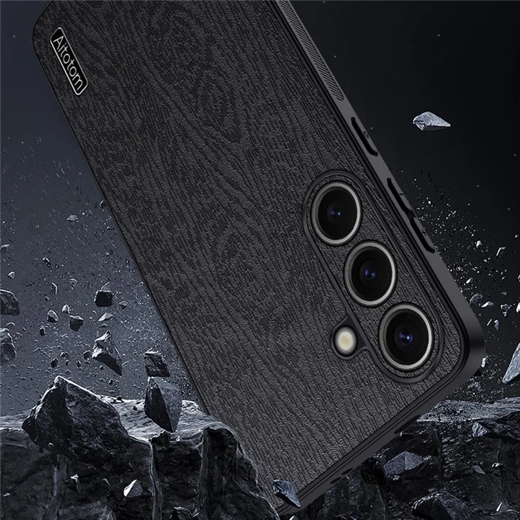Для чехла Samsung Galaxy S25 Wood Texture PU Leather Coated PC + TPU Phone Cover - Black