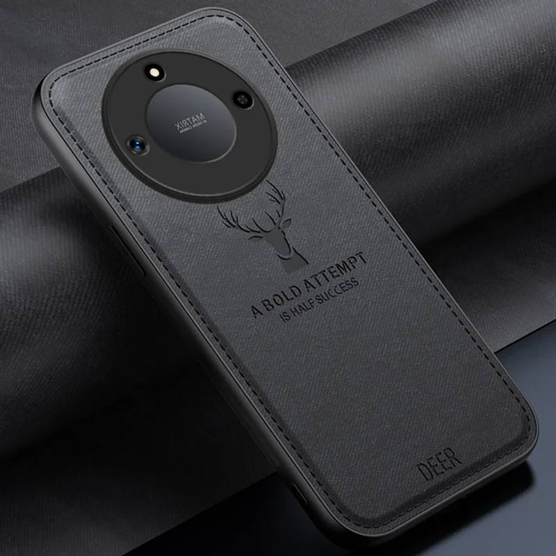 For Honor X60 5G Case Deer Pattern Cloth Texture PU Leather Hybrid Phone Cover - Black