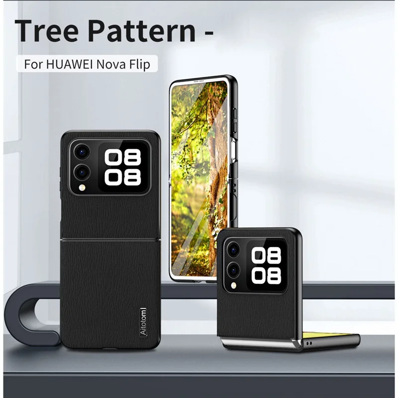 For Huawei nova Flip 5G Case Wood Texture PU Leather Coated PC+TPU Phone Cover - Black