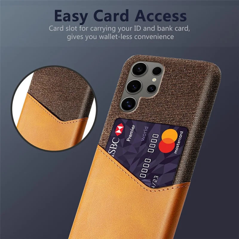 For Samsung Galaxy S25 Ultra Case PU Leather Card Slot Cloth Texture Hard PC Phone Cover - Orange