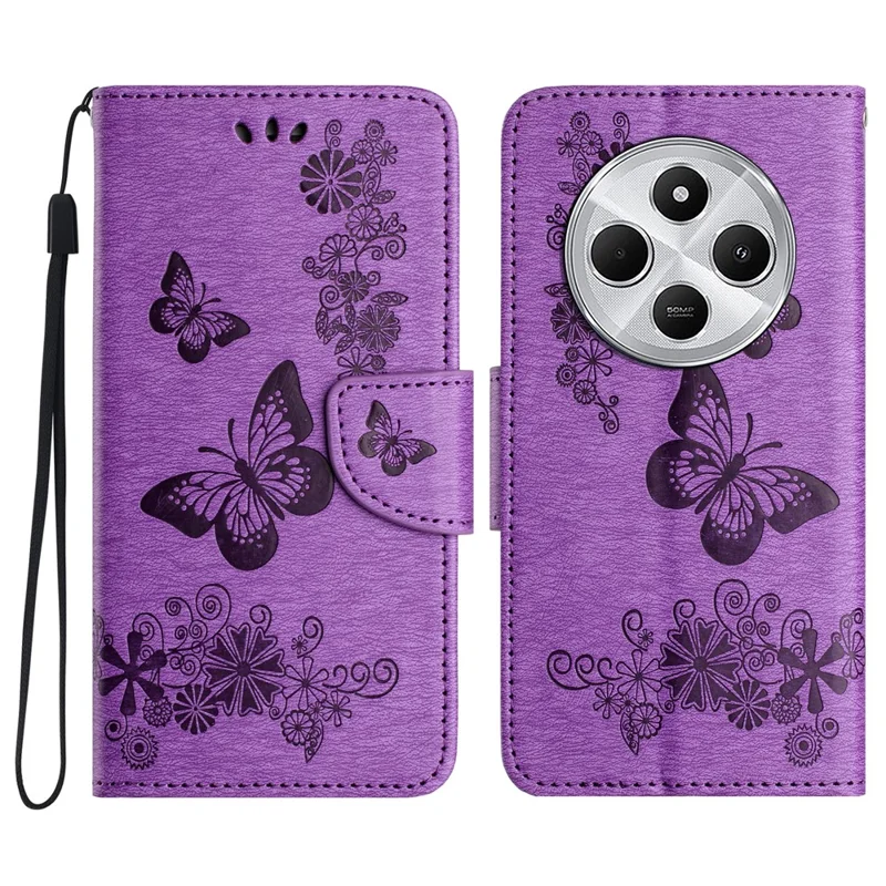Étui pour Xiaomi Poco C75 4G / Redmi 14R 5G / 14C 4G - Portefeuille en cuir avec motif de fleurs de papillons - Violet
