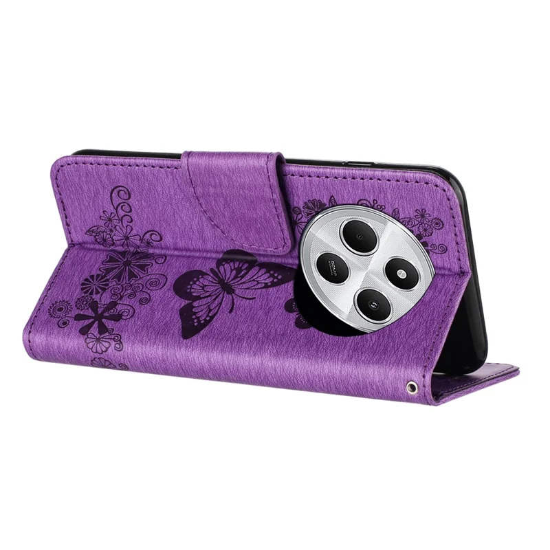 Étui pour Xiaomi Poco C75 4G / Redmi 14R 5G / 14C 4G - Portefeuille en cuir avec motif de fleurs de papillons - Violet