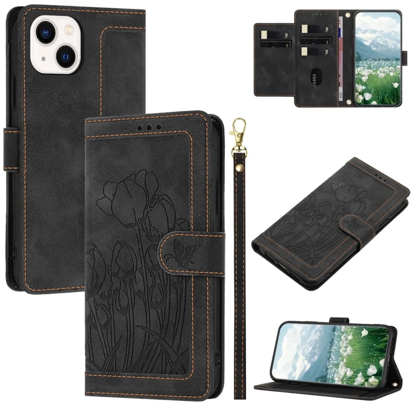 Capa para iPhone 15 de couro com estampa de tulipa e 5 compartimentos para cartões - Preto