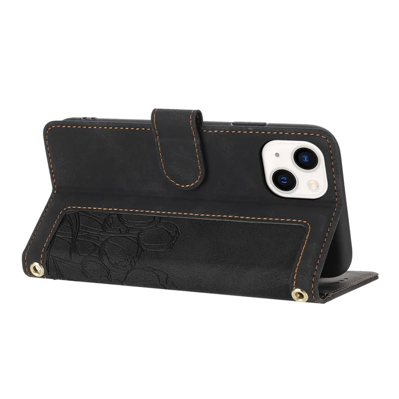 Capa para iPhone 15 de couro com estampa de tulipa e 5 compartimentos para cartões - Preto
