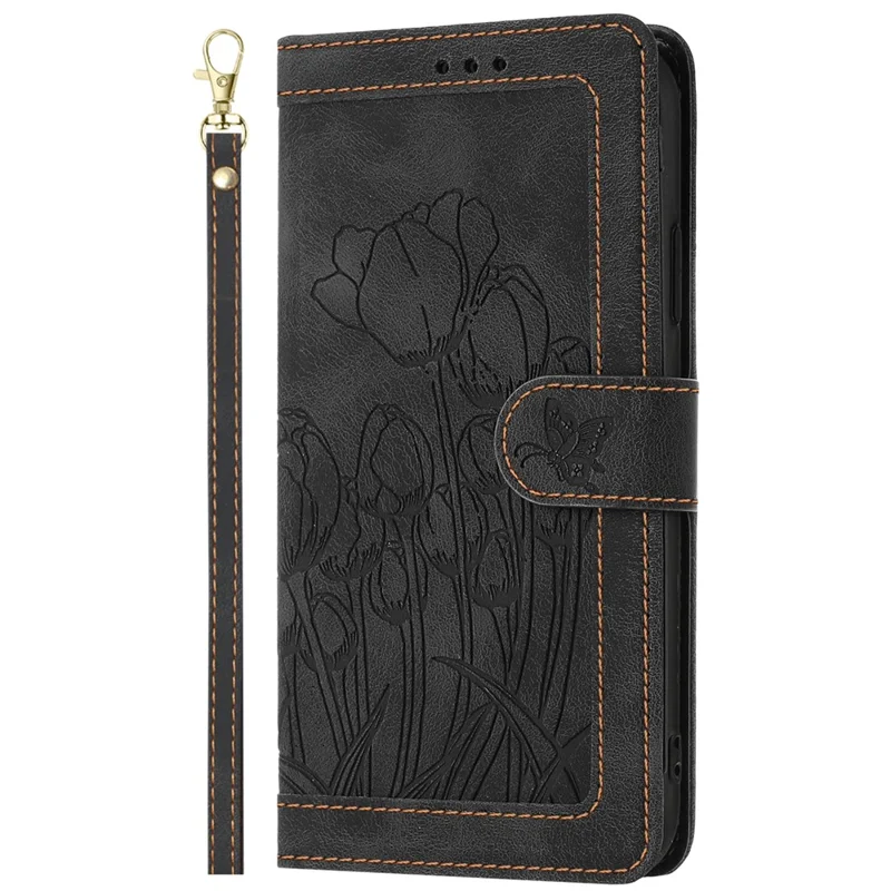 Capa para iPhone 15 de couro com estampa de tulipa e 5 compartimentos para cartões - Preto