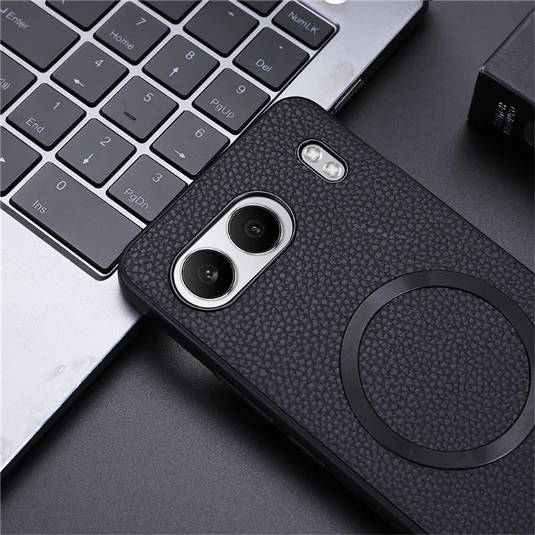 For OnePlus Nord 4 Case Compatible with MagSafe Litchi Texture PU Leather+TPU Phone Cover - Black