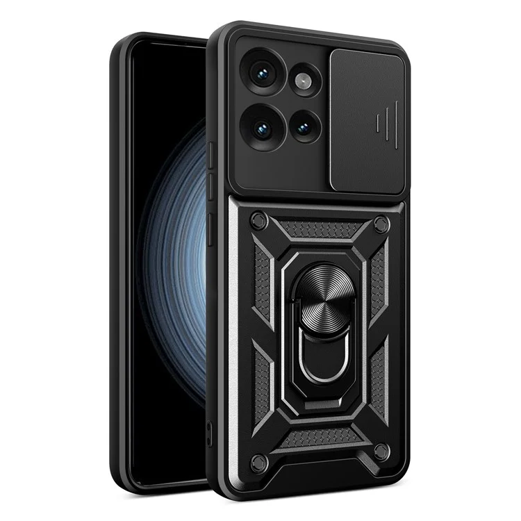 Für Motorola Edge 50 5G Hülle mit Schiebeobjektiv-Abdeckung PC+TPU Ständer Handyhülle - Schwarz