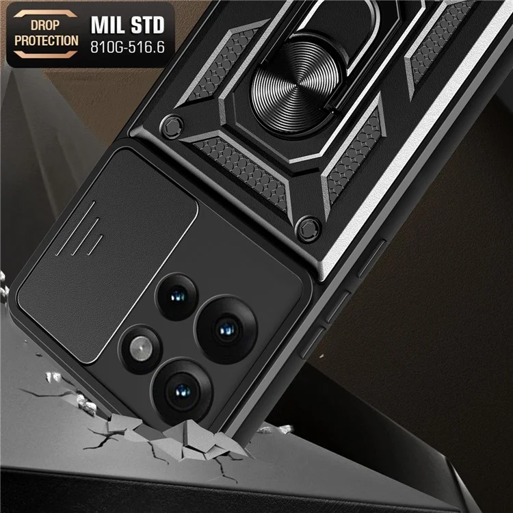Für Motorola Edge 50 5G Hülle mit Schiebeobjektiv-Abdeckung PC+TPU Ständer Handyhülle - Schwarz