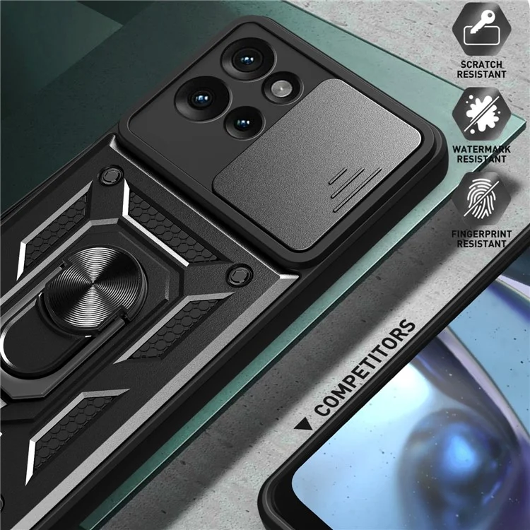 Für Motorola Edge 50 5G Hülle mit Schiebeobjektiv-Abdeckung PC+TPU Ständer Handyhülle - Schwarz