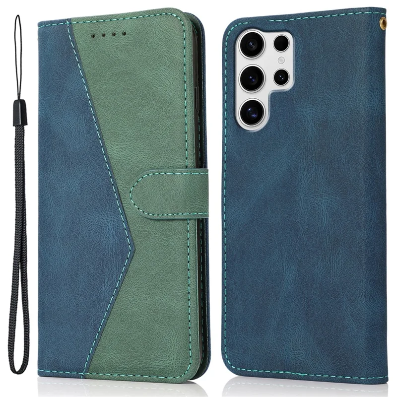 Funda de teléfono de piel con correa de muñeca, soporte y color splicing para Samsung Galaxy S25 Ultra - Azul + Verde