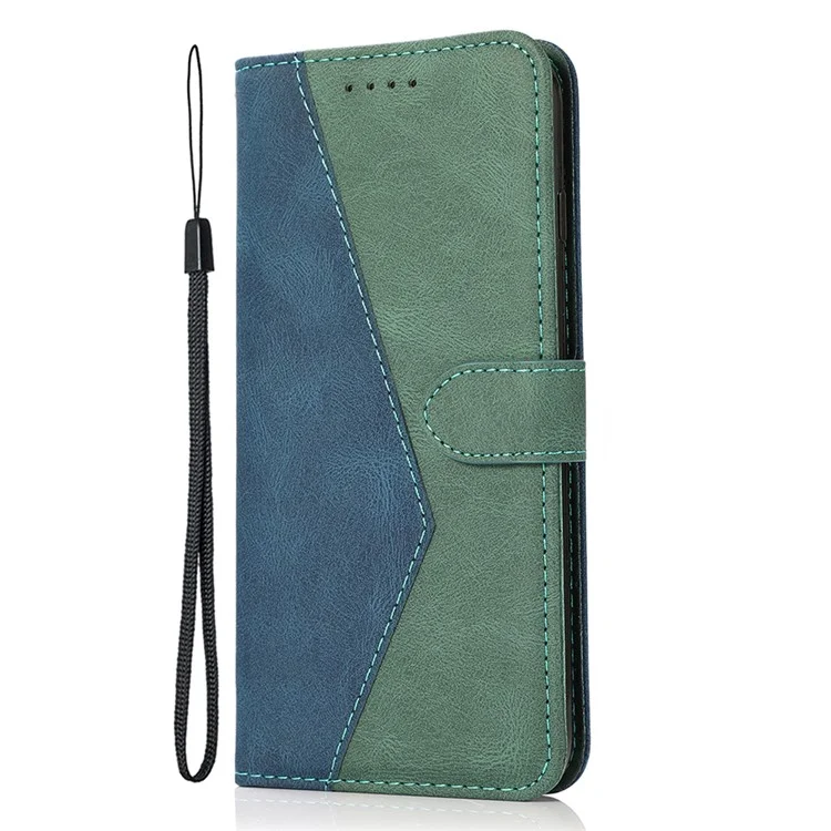 Funda de teléfono de piel con correa de muñeca, soporte y color splicing para Samsung Galaxy S25 Ultra - Azul + Verde