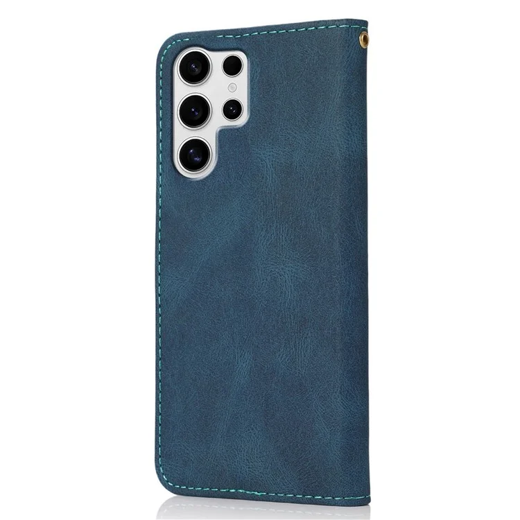 Funda de teléfono de piel con correa de muñeca, soporte y color splicing para Samsung Galaxy S25 Ultra - Azul + Verde