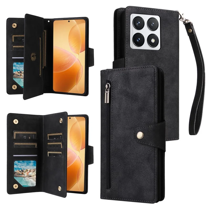 For Xiaomi 14T Pro Case Zipper Wallet Leather Stand Phone Cover Rivet Decor - Black