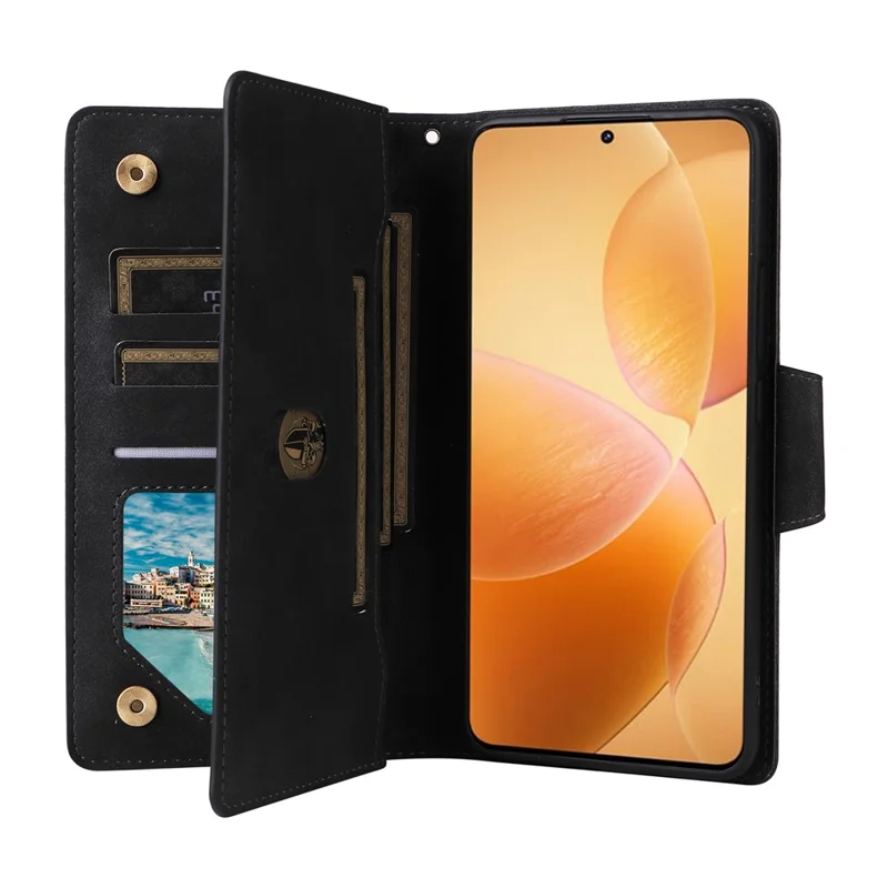 For Xiaomi 14T Pro Case Zipper Wallet Leather Stand Phone Cover Rivet Decor - Black