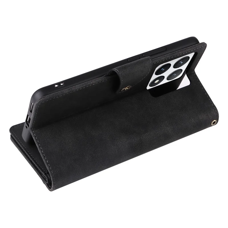 For Xiaomi 14T Pro Case Zipper Wallet Leather Stand Phone Cover Rivet Decor - Black