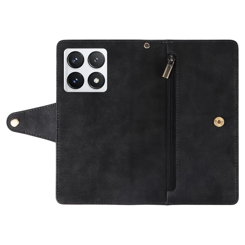 For Xiaomi 14T Pro Case Zipper Wallet Leather Stand Phone Cover Rivet Decor - Black