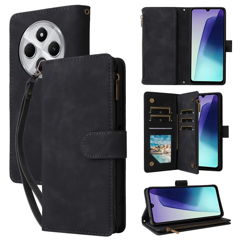 For Xiaomi Poco C75 4G / Redmi 14R 5G / 14C 4G Case Zipper Wallet Multiple Card Slots Leather Phone Cover - Black