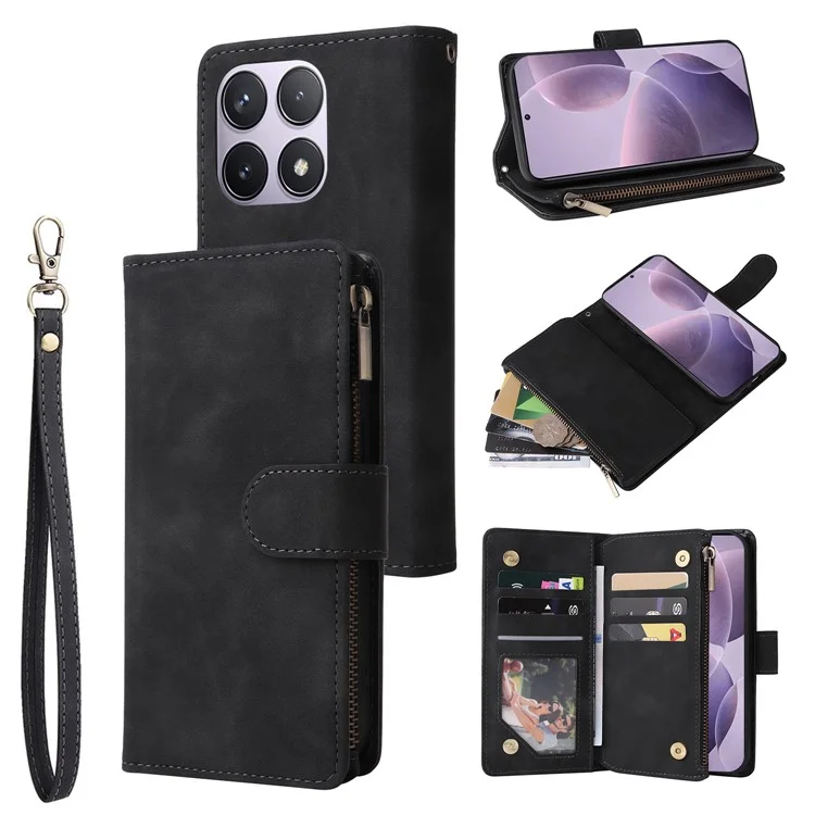 Capa para Xiaomi 14T Carteira com Zíper Múltiplos Slots para Cartões Capa de Telefone de Couro - Preta
