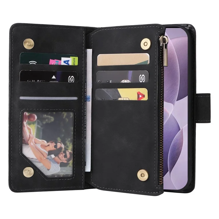 Capa para Xiaomi 14T Carteira com Zíper Múltiplos Slots para Cartões Capa de Telefone de Couro - Preta