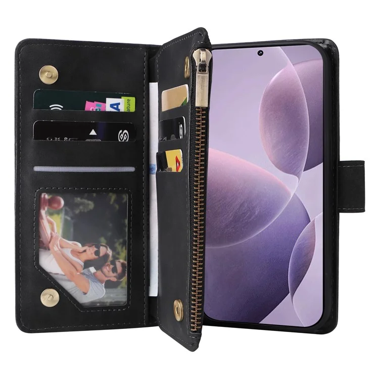 Capa para Xiaomi 14T Carteira com Zíper Múltiplos Slots para Cartões Capa de Telefone de Couro - Preta