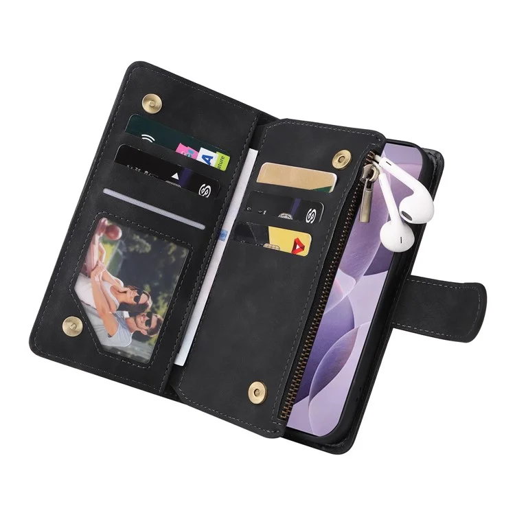 Capa para Xiaomi 14T Carteira com Zíper Múltiplos Slots para Cartões Capa de Telefone de Couro - Preta