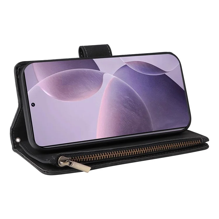 Capa para Xiaomi 14T Carteira com Zíper Múltiplos Slots para Cartões Capa de Telefone de Couro - Preta