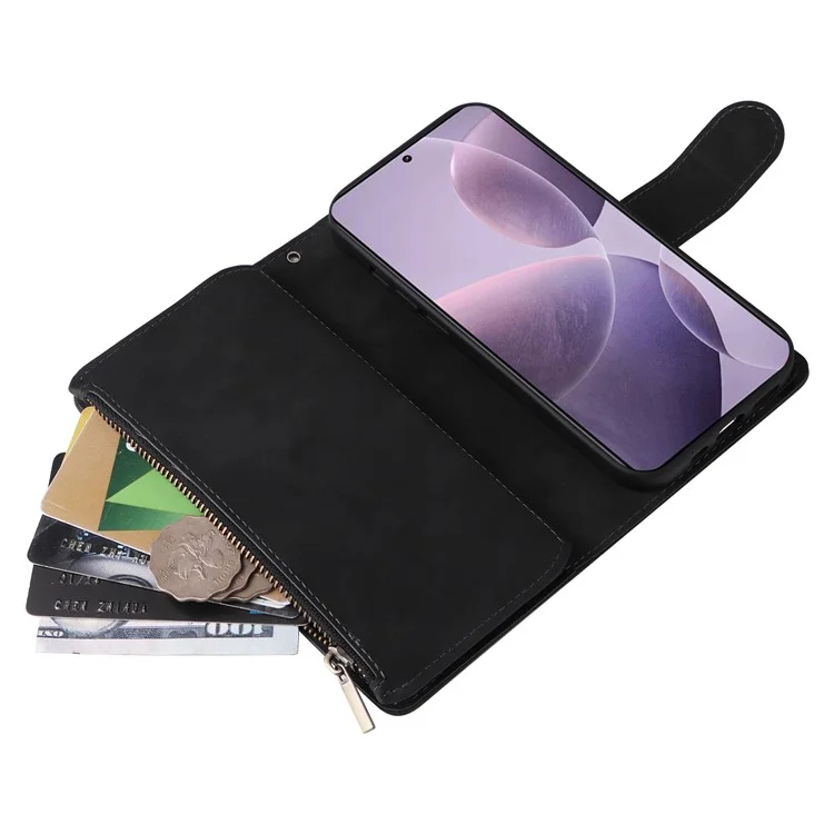 Capa para Xiaomi 14T Carteira com Zíper Múltiplos Slots para Cartões Capa de Telefone de Couro - Preta
