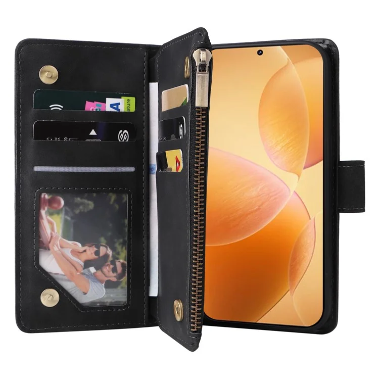 Capa para Xiaomi 14T Pro Carteira com Zíper Múltiplos Slots para Cartões Capa de Telefone de Couro - Preto