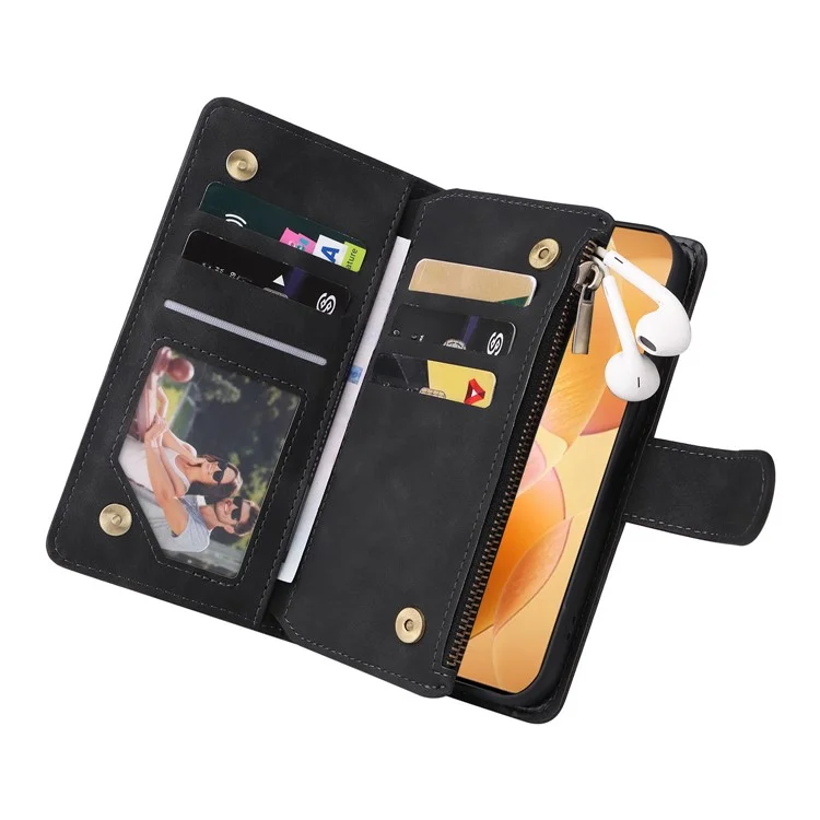 Capa para Xiaomi 14T Pro Carteira com Zíper Múltiplos Slots para Cartões Capa de Telefone de Couro - Preto