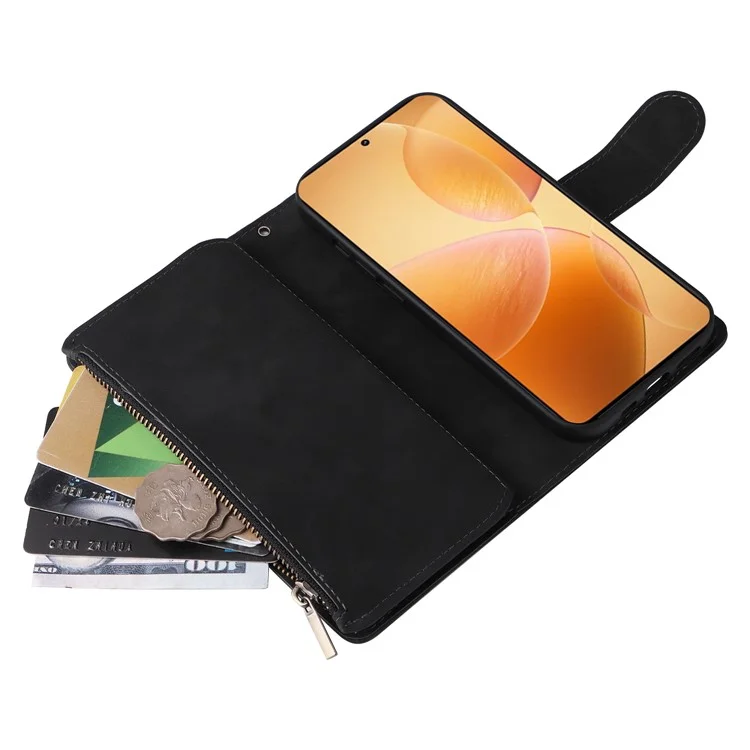 Capa para Xiaomi 14T Pro Carteira com Zíper Múltiplos Slots para Cartões Capa de Telefone de Couro - Preto