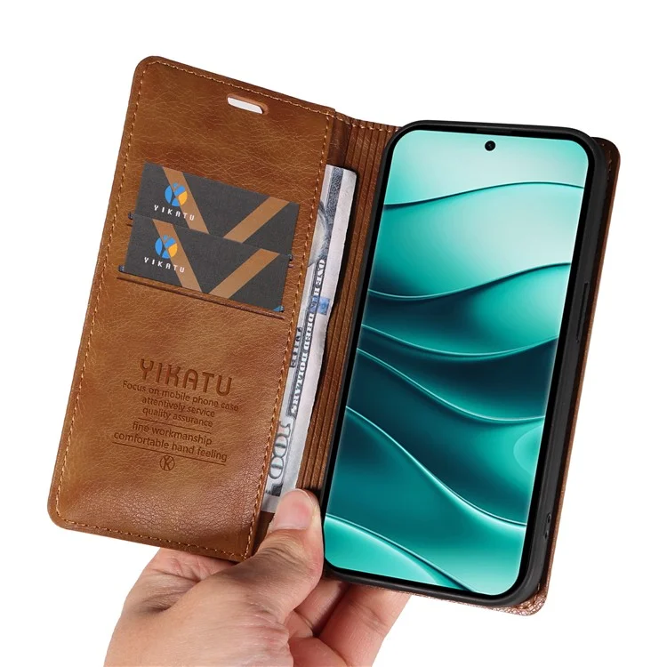 Funda YIKATU YK-006 para Xiaomi Redmi Note 14 5G, cierre magnético, cubierta de teléfono de cuero con textura de litchi - Marrón