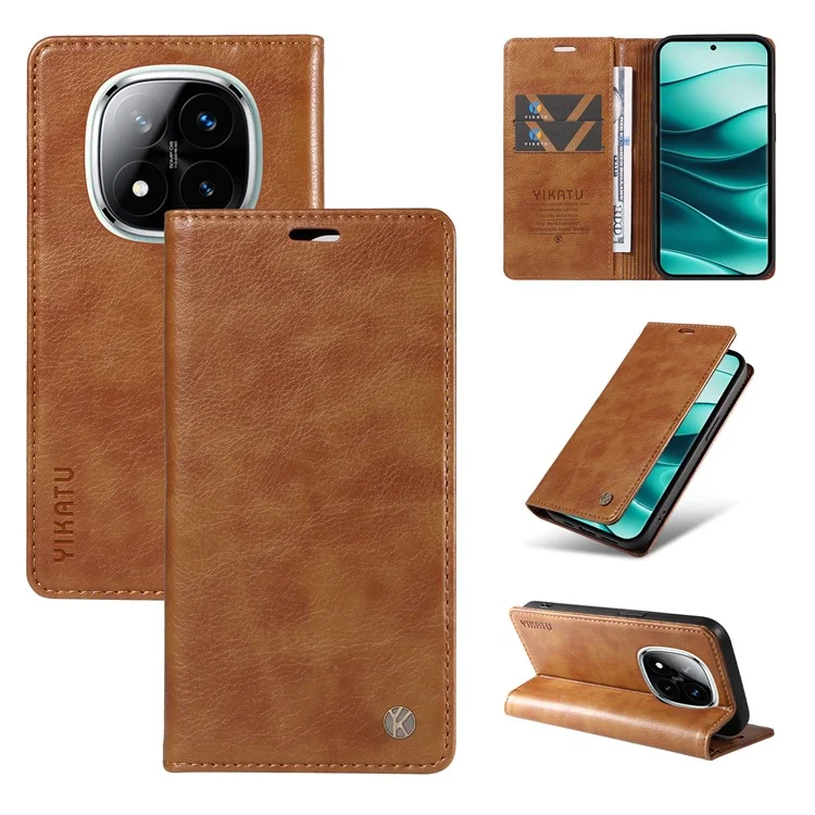 Funda YIKATU YK-006 para Xiaomi Redmi Note 14 5G, cierre magnético, cubierta de teléfono de cuero con textura de litchi - Marrón