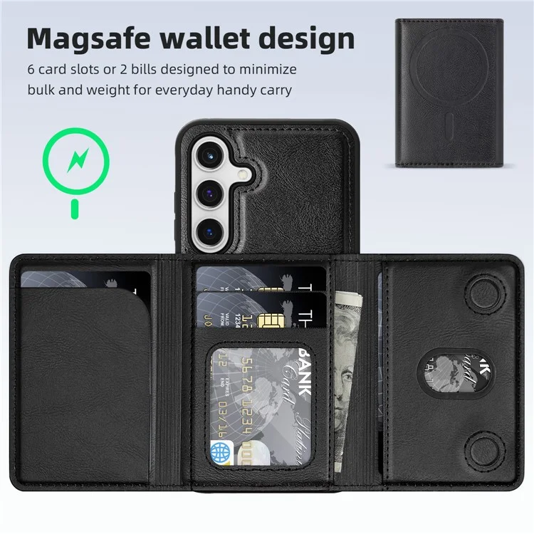 Чехол для Samsung Galaxy S24 совместимый с MagSafe, кожаная задняя панель телефона с отсоединяемой картой - черный