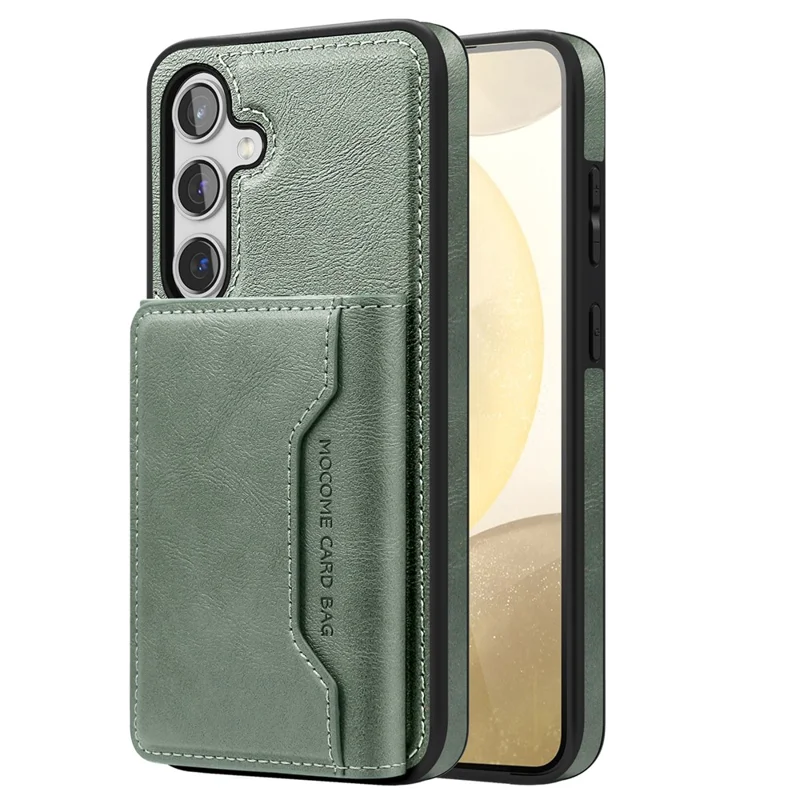 For Samsung Galaxy S24 Magnetic Case Leather Back Phone Cover with Detachable Card Bag - Blackish Green