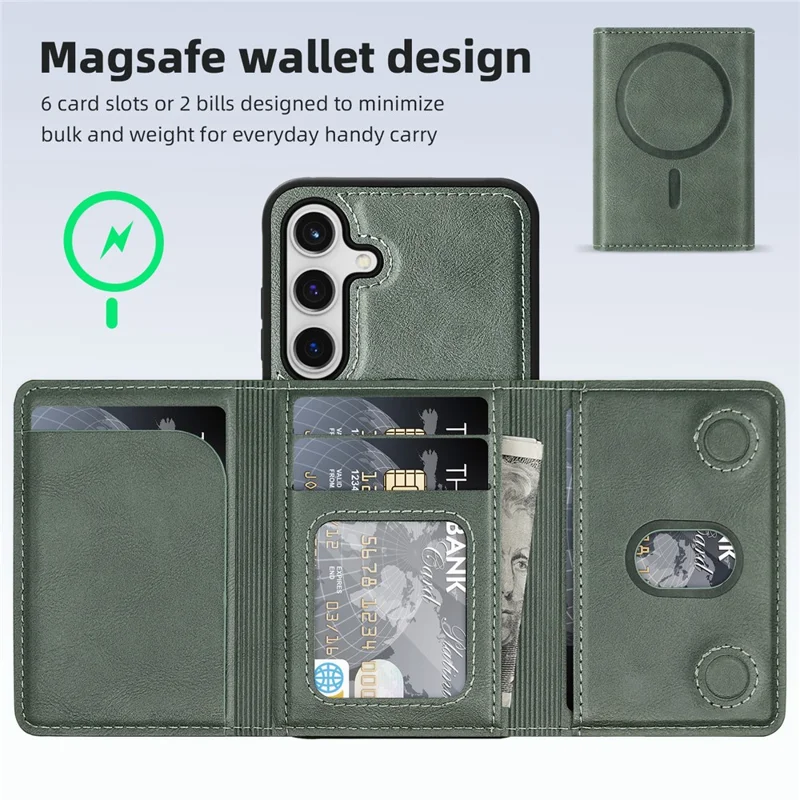 For Samsung Galaxy S24 Magnetic Case Leather Back Phone Cover with Detachable Card Bag - Blackish Green