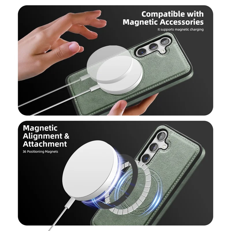 For Samsung Galaxy S24 Magnetic Case Leather Back Phone Cover with Detachable Card Bag - Blackish Green