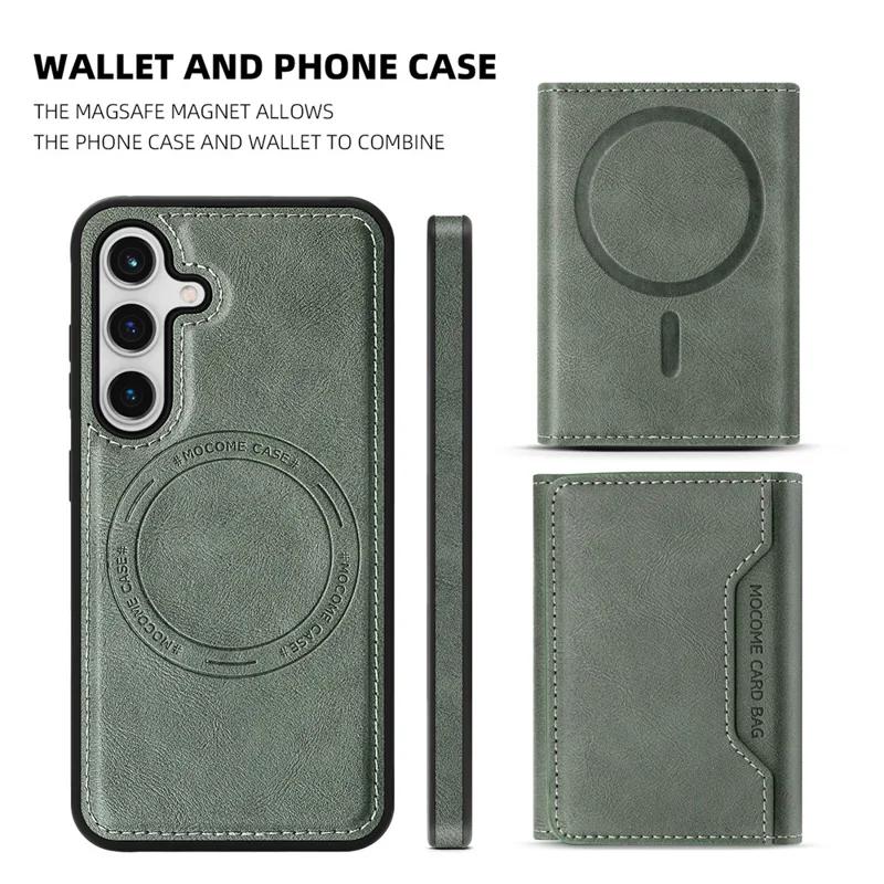For Samsung Galaxy S24 Magnetic Case Leather Back Phone Cover with Detachable Card Bag - Blackish Green