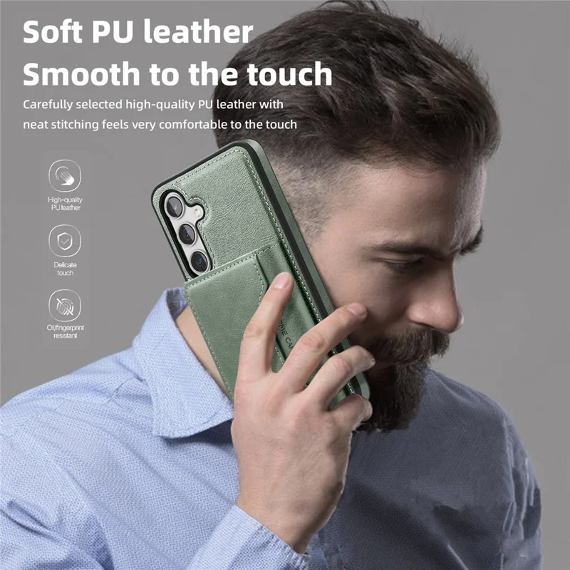 For Samsung Galaxy S24 Magnetic Case Leather Back Phone Cover with Detachable Card Bag - Blackish Green
