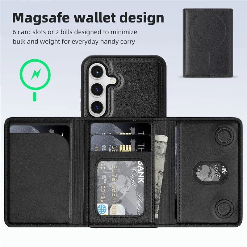 For Samsung Galaxy S24+ Magnetic Case Leather Back Phone Cover with Detachable Card Bag - Black