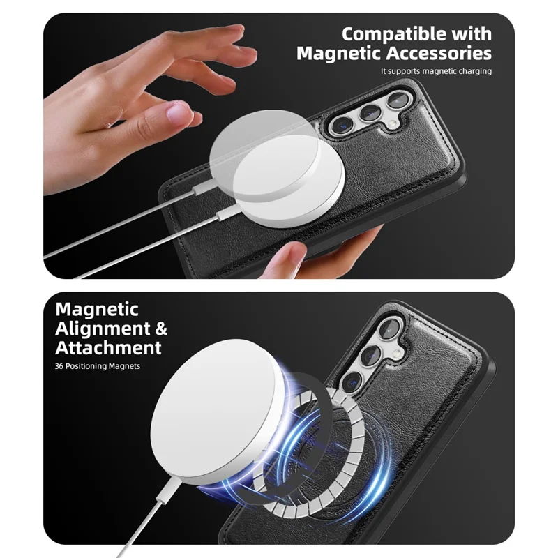 For Samsung Galaxy S24+ Magnetic Case Leather Back Phone Cover with Detachable Card Bag - Black