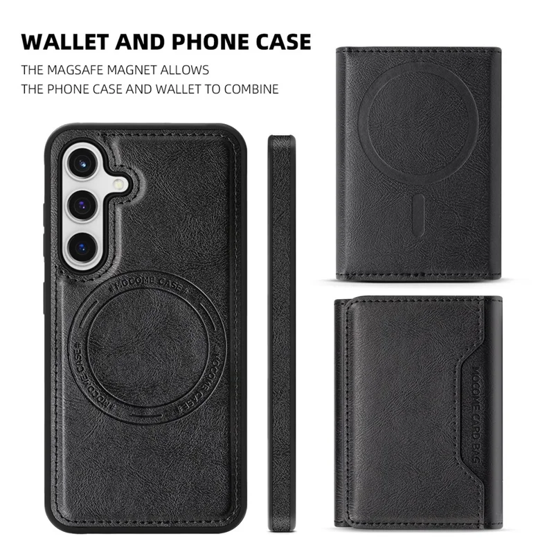 For Samsung Galaxy S24+ Magnetic Case Leather Back Phone Cover with Detachable Card Bag - Black