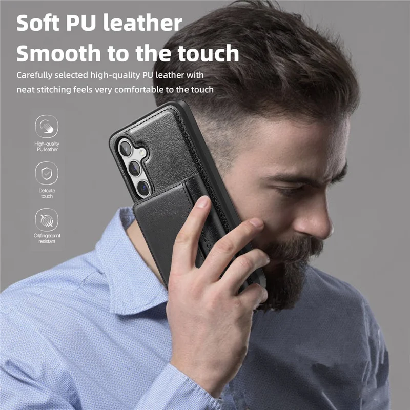 For Samsung Galaxy S24+ Magnetic Case Leather Back Phone Cover with Detachable Card Bag - Black