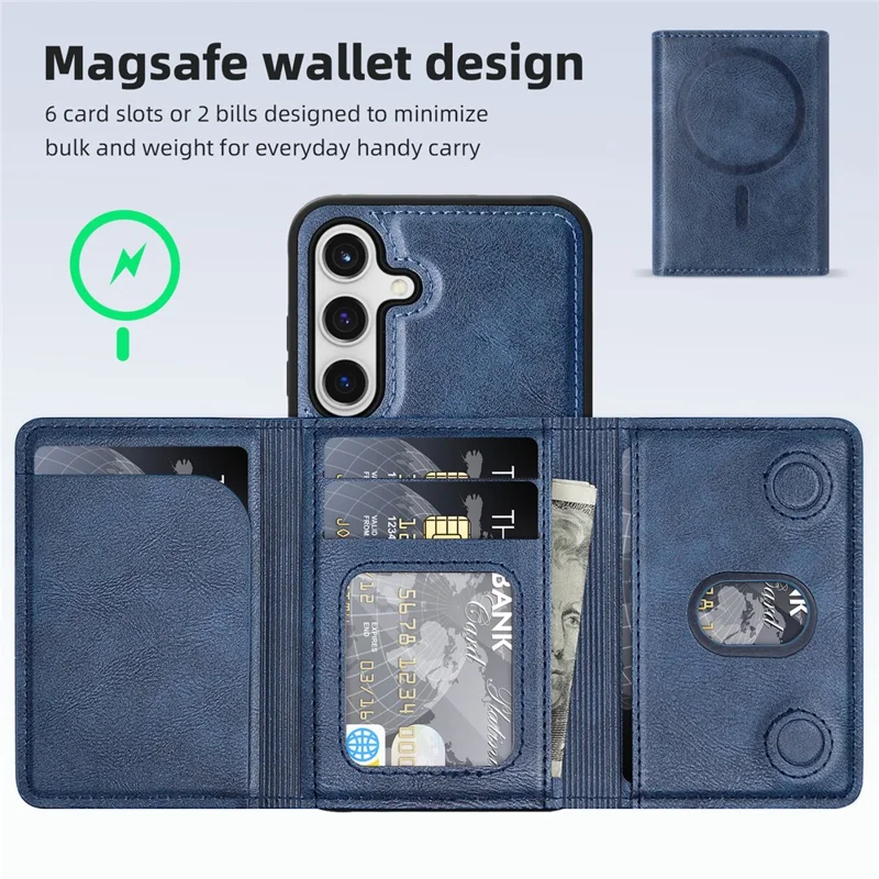 For Samsung Galaxy S24+ Magnetic Case Leather Back Phone Cover with Detachable Card Bag - Sapphire